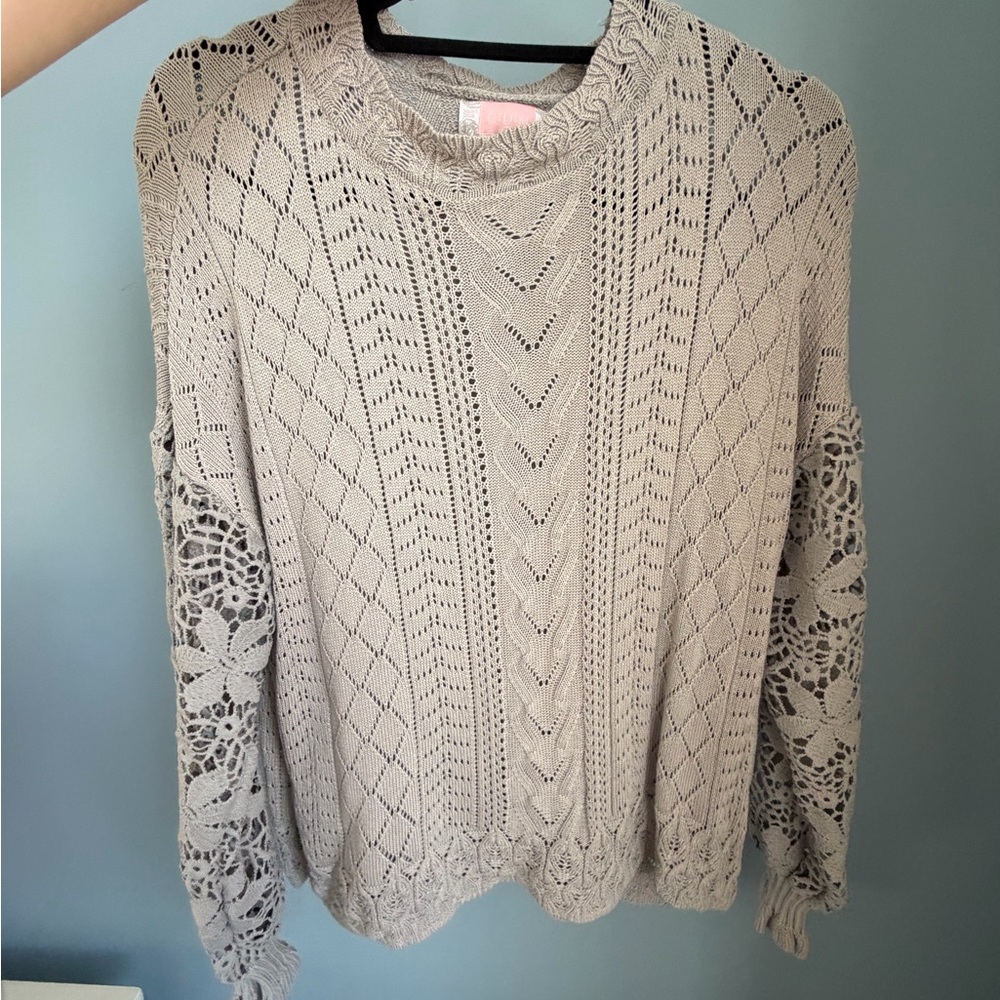 Open Knit Lace-Sleeve Pullover Sweater Top - Cream